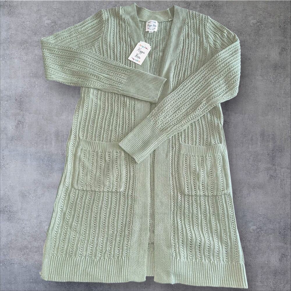Hippie Rose Juniors Size M Green Open Front Long Sleeve Knit Cardigan Sweater